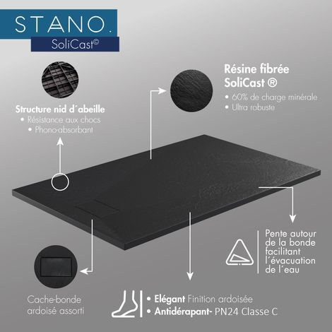 Receveur de douche 80 x 140 cm extra plat blanc PIATTO en SoliCast® – Surface ardoisée