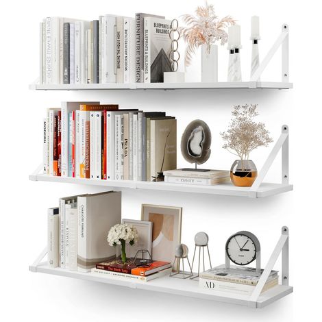 Étagères murales suspendues pour le mur, lot de 3, 80 cm x 20 cm Étagère Bibliothèque pour chambre à coucher Salon Bureau Salle de bain Cuisine Bois rustique avec support métallique (blanc) (1/5)