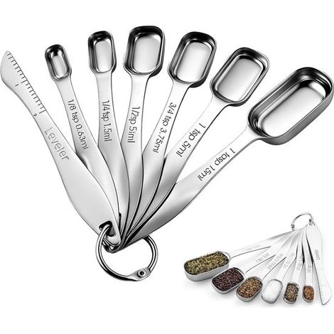 Set di 7 misurini, misurini quadrati in metallo con livellatore, cucchiai dosatori in acciaio inox 18/8 per proteine in polvere, caffè, spezie, cucina (1/5)