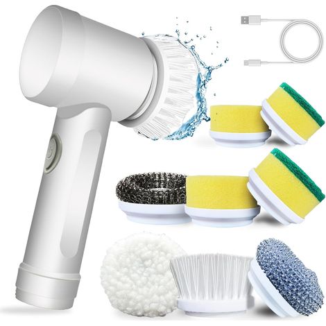 Spazzola elettrica per la pulizia, spazzola manuale con 5 testine, set di pulizia automatico per vasca da bagno, cucina, piastrelle, finestre, stoviglie, bianco (1/5)