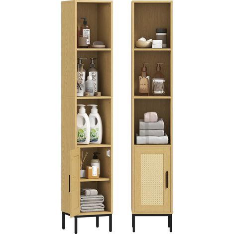 Hoher Badezimmerschrank, schmaler Badschrank mit offenen Ablagen und verstellbarem Einlegeboden, Naturholzoptik (1/5)