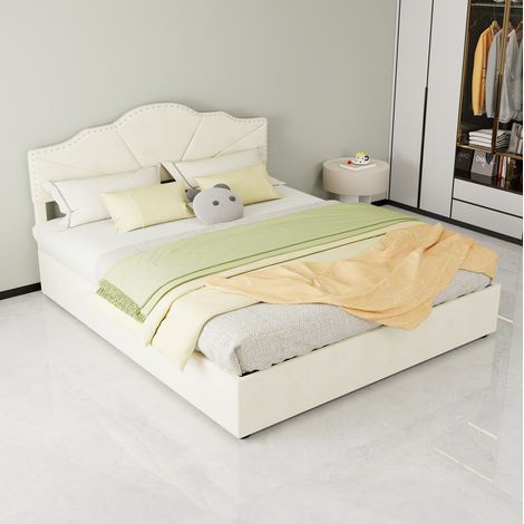 lit adulte lit coffre 160x200 tissu beige métal OKMYHOME (1/5)