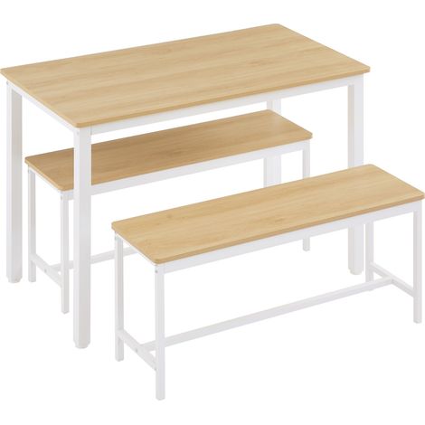 Ensemble de table à manger avec 2 bancs, table en panneaux de particules et structure acier, design industriel, 110x60 cm, coloris naturel et blanc (1/5)