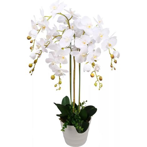 85cm Artificial Deluxe Bush Orchid - White Flowers White Pot (1/3)