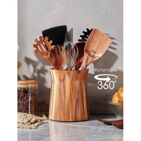 LEEAN Support de cuisine en bois d'acacia, support rotatif à 360° pour ustensiles de cuisine, grand organiseur d'ustensiles de 18,3 cm/15 cm pour spatules, décoration de cuisine de style campagnard (1/4)