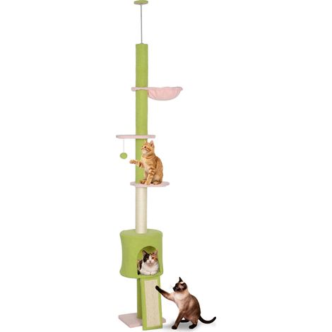 Arbre à chat du sol au plafond 5 niveaux hauteur réglable 220-240 cm plateformes fleur avec griffoir niche hamac vert (1/5)