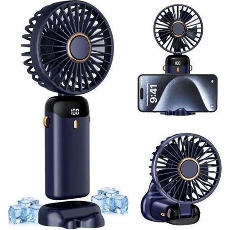 Ventilateur portable 5 en 1 - YAEFDD - Mini ventilateur - 2500 mAh - 5 vitesses - Pliable à 90° Bleu