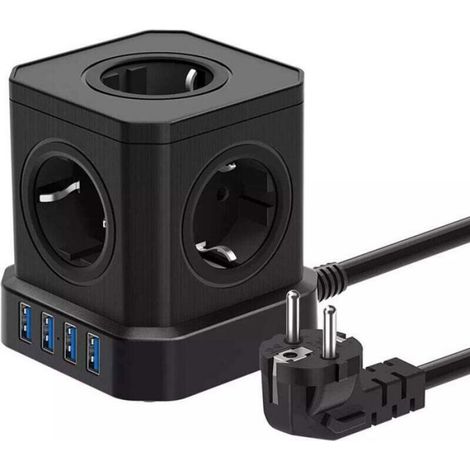 Multiprise Cube - 5 Prises Câblées + 4 Ports USB - Protection Antisurtension - Interrupteur Intégré - Câble 2 M - Pour Bureau Maison (1/4)