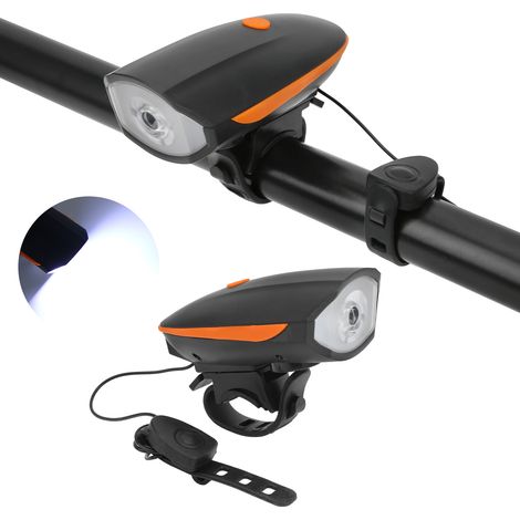 Fahrrad-Frontlicht mit Hupe, USB-Ladefunktion, orangefarbener wasserdichter Scheinwerfer, wiederaufladbar über USB, für Nachtfahrten. (1/5)