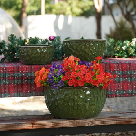 Lot de 3 pots de fleurs en céramique émaillée avec drainage Ø 38,1/30,5/25,4 cm vert (1/5)