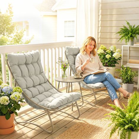 Ensemble jardin 3 Gris pièces 2 fauteuils longs table basse coussins terrasse extérieure balcon clair