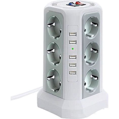 Tour multiprise parafoudre et surtension. Multiprise Electrique avec 5 Ports USB et 12 Prises. multiprise avec et 3 Interrupteurs. Blanc (1/4)