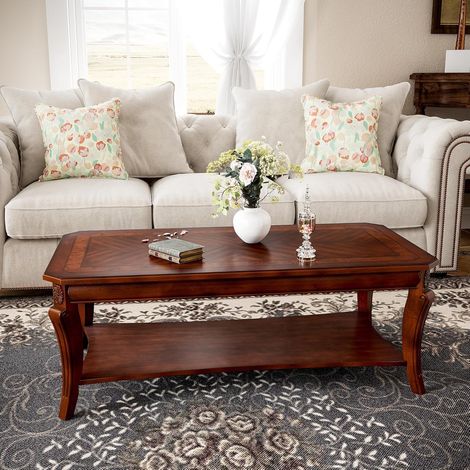 PADMA HOUSE Rectangle Coffee Table for Living Room, Traditional Tea Table with Storage Shelf, Solid Wood Rustic Center Table Walnut, 120  60  45,5 (1/5)