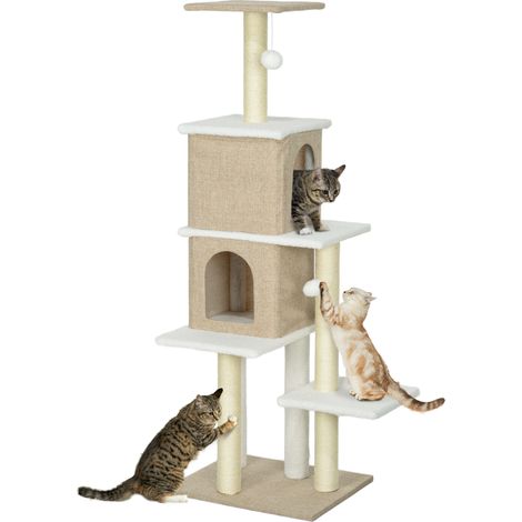 Arbre à chat, brun, 140 cm, pour chat, aire de jeu et repos, griffage quotidien, poteaux sisal, repos et griffage, chat d’intérieur multifonction (1/5)