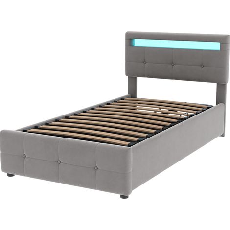 Cama infantil tapizada 90x200 cm con LED, almacenaje hidráulico, cabecero ajustable, terciopelo gris (1/5)