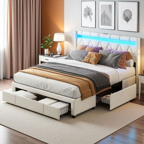 Bett Doppel 160x200 - 4 Schubladen mit Rollen - RGB LED-Beleuchtung - 3 USB/Type-C Anschlüsse - Ökologisches Leinen