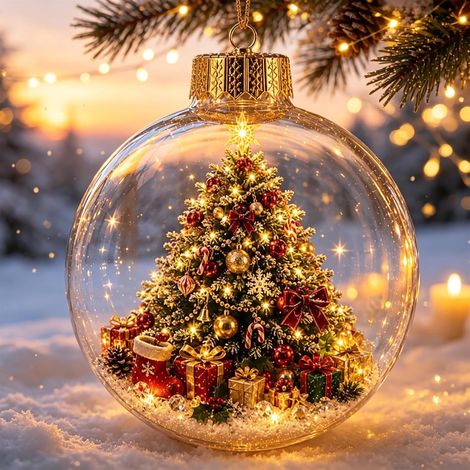 Décoration de Noël Lumineuse LED, Boule Suspendue avec Motif Scène Hivernale, Ornement pour Sapin Cheminée et Table(Sapin de Noël) (1/5)