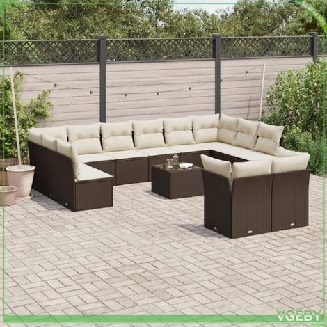 Salon de jardin - 3218443 - 13 pièces modulable - résine tressée marron - coussins déhoussables crème (1/3)