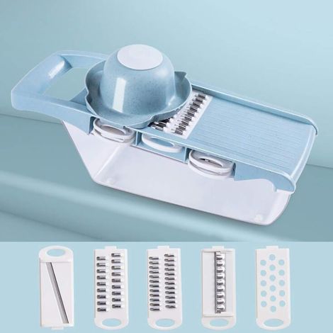 Multifonction Hachoir à Oignon Trancheuse Moulin avec 4 Lames et Garde Main,Cuisine Coupe-Légumes,Trancheur de Mandoline Food Cutter pour Tous Les Légumes Fruits-Bleu 32x10x10cm(12x4x4inch) (1/5)