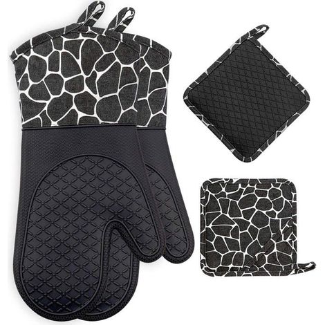 Paire gants cuisine silicone + 2 maniques, résistants chaleur, pour BBQ, four, noir. Aucunely (1/5)