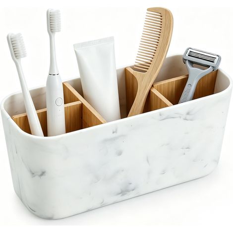 Porta Spazzolino Electrique con Scomparti in Legno, Porte de Brosse à Dents avec Motif de Marbre, 5 Compartimenti, Portapenne da Scrivania, Organizer Scrivania, Rangement Salle de Bain 21×9×10CM (1/5)