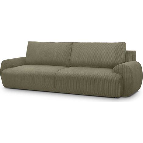 Canapé convertible - 3 places - MILO - Tissu velours côtelé Vert kaki - Coffre de rangement - 254 x 99 x 84 cm (1/5)