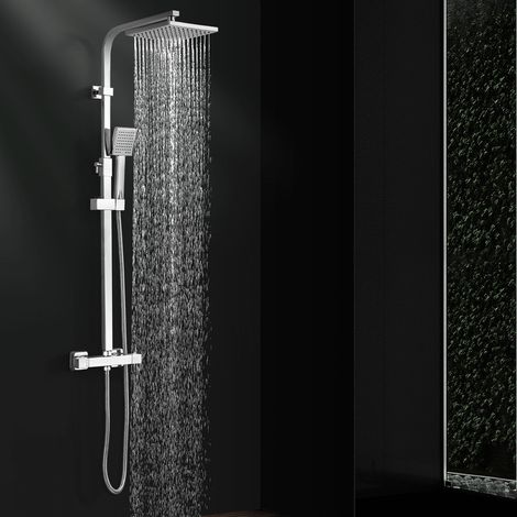 Duschsystem mit Thermostat 38°C, Chrom Duschsäule mit Ablage, Regendusche & Handbrause, Höhenverstellbar, Duscharmatur Komplettset zur Wandmontage