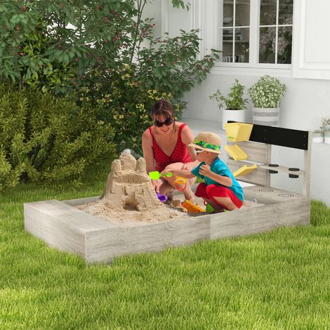 Bac à sable avec station d’eau - 154 x 80 x 60 cm - 2 bacs à jardinières - gris - bois massif traité - Robuste