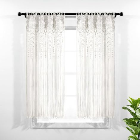 Fenstervorhang aus Baumwolle mit Makramee-Muster im Boho-Stil, einteilig, 101,6 cm breit x 160 cm lang, weiß (1/5)