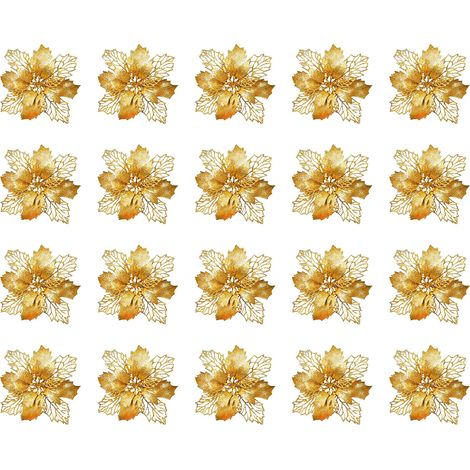 20 Fleurs de Noël, Piques pailletées, Fleurs artificielles poinsettia, Décoration sapin, Ornement fête doré (1/5)