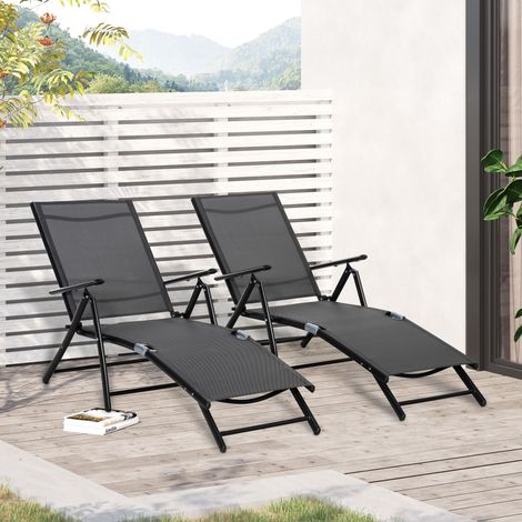Lot de 2 bain de soleil. chaise longue pliante. dossier réglable 7 positions. cadre en aluminium. 64x134x95cm. noir