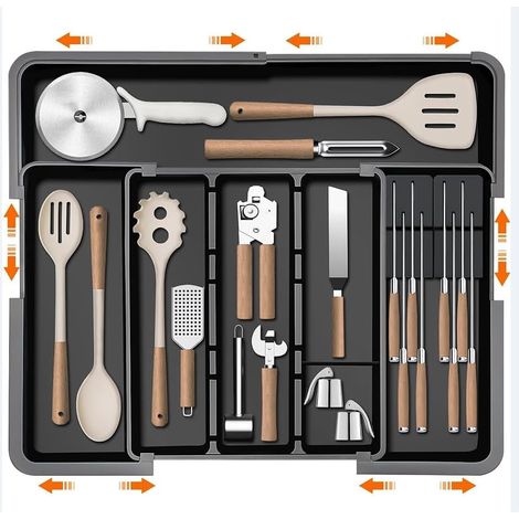Range Couverts pour Tiroir, Range Couverts, Plateau d'Ustensiles Extensible, Support de Rangement en Plastique pour Couverts pour Cuisine (Noir) (1/5)