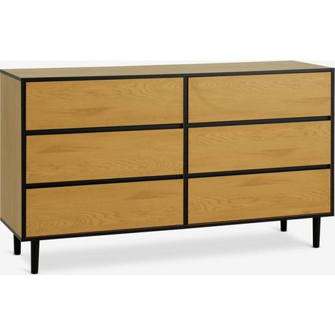 ORION91oficial® - Cómoda  Recibidor  Estilo Industrial  Tablero Aglomerado - Pino Macizo  Acero  6 cajones  180x85x45 cm  Color Roble Cálido/Negro - spaziOrion91