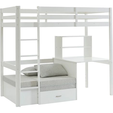 Vente-Unique – Lit mezzanine 90 x 200 cm avec bureau et sofa convertible – 2 rangements – Pin et MDF – Blanc – Charge maximale 120 kg (1/5)