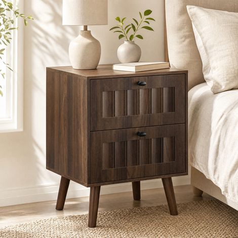 Table de chevet rétro noyer foncé avec 2 tiroirs, façades rainurées et pieds hauts en bois, 43,5x40x57,5 cm (1/5)