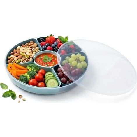 Snackbox transparent mit 5 Fächern und Deckel - 30 cm - Snackteller rund mit 5 entnehmbaren Snackschalen in grün