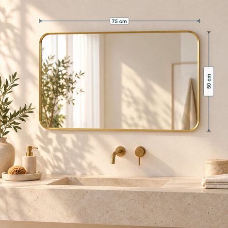 LunaMirror Theo Wandspiegel 75 x 50 cm, abgerundetes Rechteck, gerillter Aluminiumrahmen, Gold (1/5)