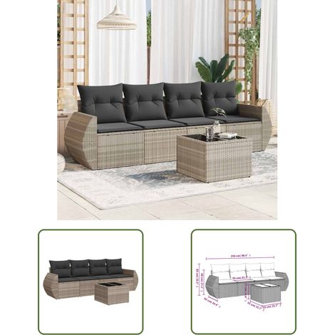 vidaXL Salon de jardin 5 pcs avec coussins gris clair résine tressée (1/3)