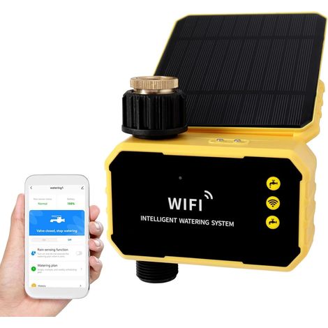 Temporizador de riego inteligente Wi-Fi con energía solar, sensor de lluvia, doble fuente de alimentación, temporizador de aspersores con control remoto, microaspersor eficiente. (1/5)