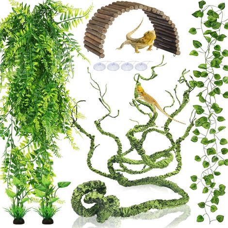 Kit de Décoration de Terrarium pour Reptiles - Lianes Flexibles, Plantes Artificielles et Pont en Bois pour Lézard, Gecko, Caméléon (1/5)