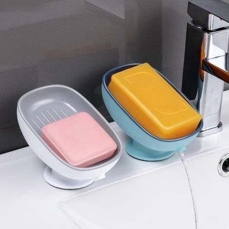 Lot de 2 porte savons ovales réglables avec drain, antidérapant : idéal pour douche, salle de bain, évier de cuisine (gris + bleu)