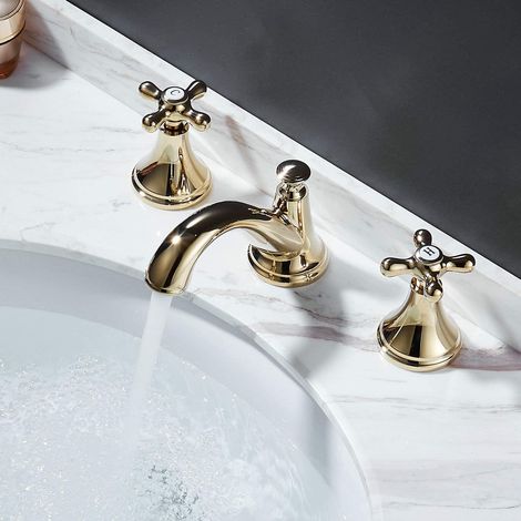 Robinet Lavabo 3 Trous,Or Poli,Mitigeur Lavabo Salle de Bain avec Bec Orientable (1/5)