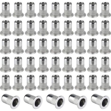 50 PCS M6 Acier Inoxydable 304 Rivet Écrou, Écrous à Sertir Rivet Écrou à Tête Plate Nutsert en Acier Écrou Outil Plat Tête Filetée Rivet Nutsert Ecrous de Rivet Insert Filetage Métrique (1/5)