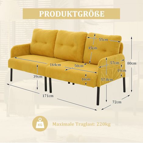 3-Sitzer-Sofa 171x72x80 cm gelb mit Seitentaschen, Cordstoff und Metallfüßen MEUBLIV (1/5)
