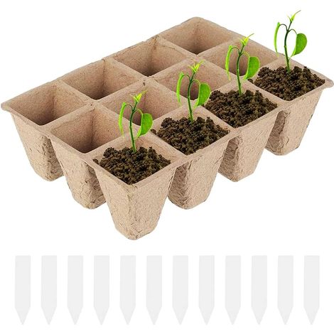 12 biologisch abbaubare Töpfe, kleine Fasertöpfe mit Kunststoffetiketten, Gartentopf-Set, Anzuchttopf und kompostierbar, biologisch abbaubar, für Pflanzen, Blumen, Gartenkeimung