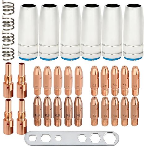 MB25 25AK MIG Buse contact de soudage Kit d'accessoires pour torche de soudage MIG/MAG 20 pointes de contact M6 (0,6 mm/0,8 mm/0,9 mm/1,0 mm), 6 buses à gaz, 4 porte-buses et 4 ressorts (1/5)