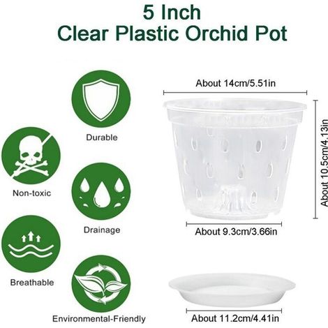 Pots d'orchidées en plastique transparents de 5 pouces, 10 pièces, pots de plantation d'orchidées, contrôle des racines des plantes, pots en maille avec trous et plateaux (1/4)