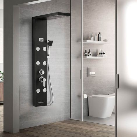 Pannello Colonna Doccia in Acciaio Inossidabile 4 Funzioni Set de Doccia con Idromassaggio+Cascata+Soffione e Doccetta a Mano, Nero