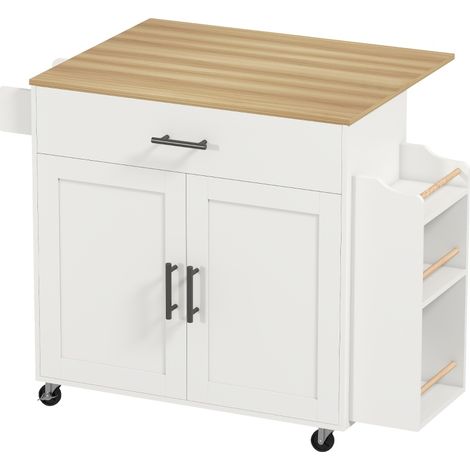 Îlot de cuisine roulant gain de place avec plan de travail rabattable, tiroir, placard double porte, range-épices et roulettes freinées, blanc - CHICFURN (1/5)