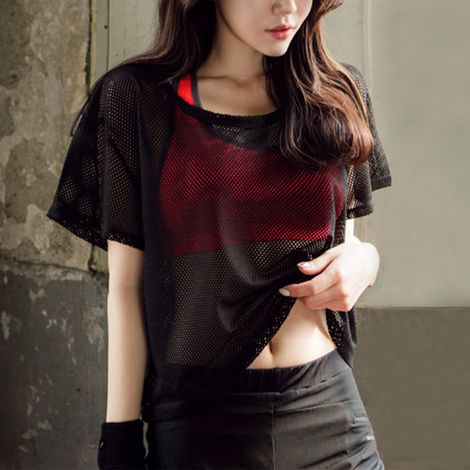 T-shirt en maille à manches courtes pour femme, à séchage rapide et coupe ample, idéal pour le fitness, le yoga et le cyclisme en été, noir, taille S. (1/5)